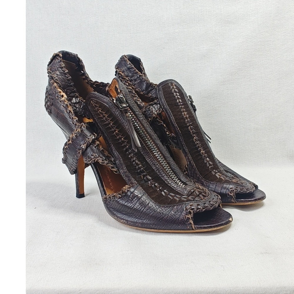 Givenchy Leather Whipstitch Sandals Brown Woven Stiletto Zip Front Heels EU 39.5